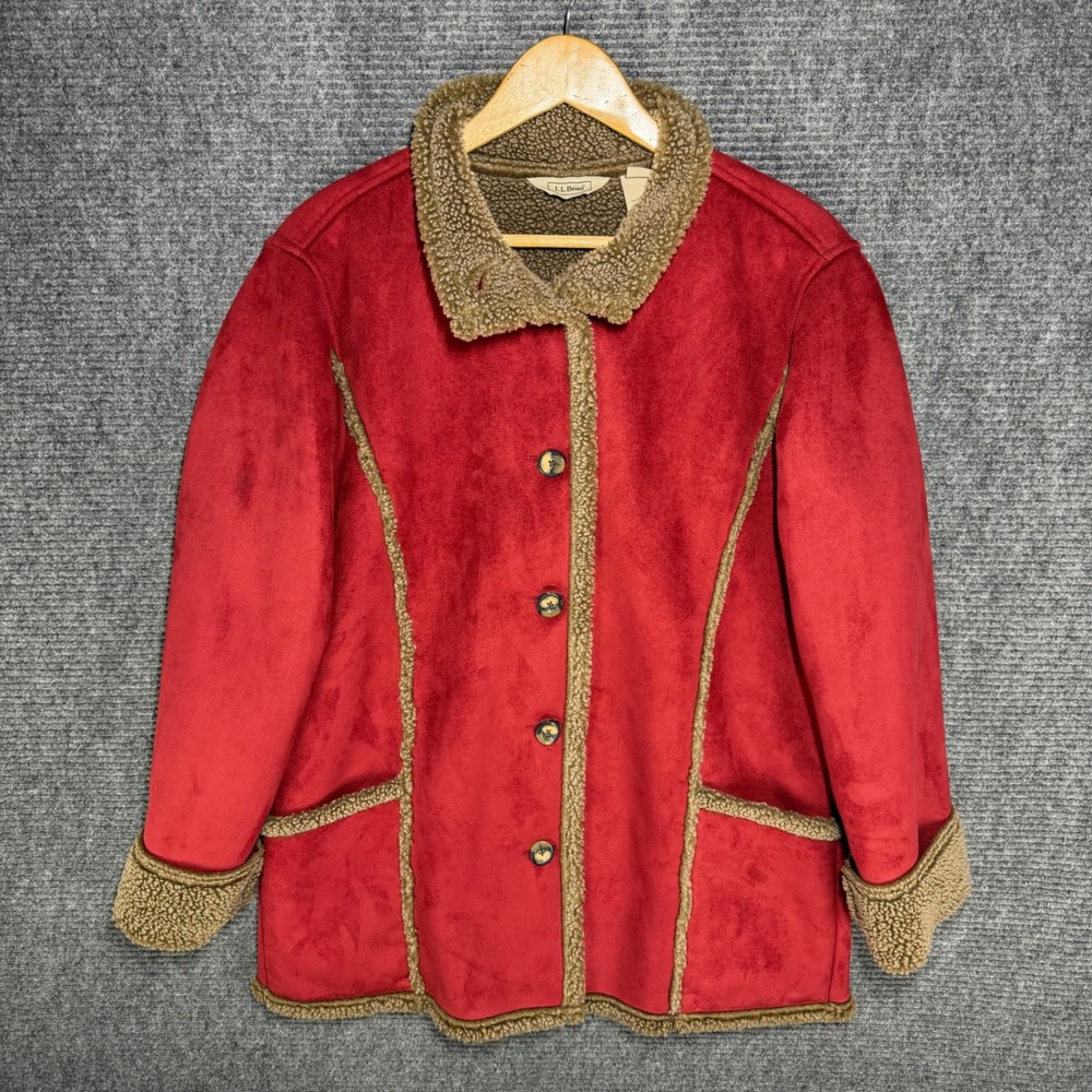 LL Bean Womens Red Faux Suede Sherpa Lined Button Front Jacket Coat Large